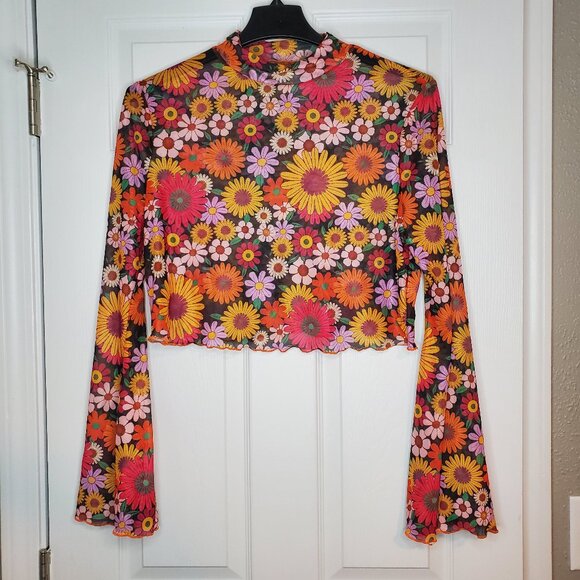 Shein Curve Tops - Shein Curve Floral Print Mock Neck Bell Sleeve Mesh Crop Top 2XL